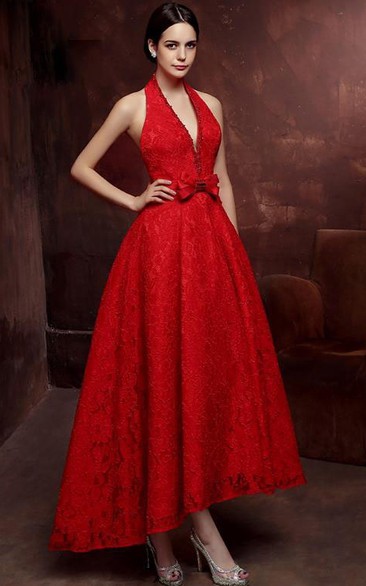 A-Line Halter Beaded Bowknot Lace Prom Dress