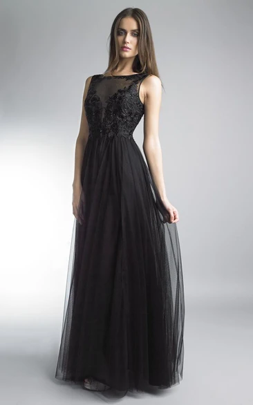 A-line Floor-length Jewel Sleeveless Tulle Low-V Back Dress