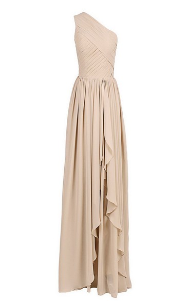 One-shoulder Ruched Chiffon Gown With Asymmetrical Hem