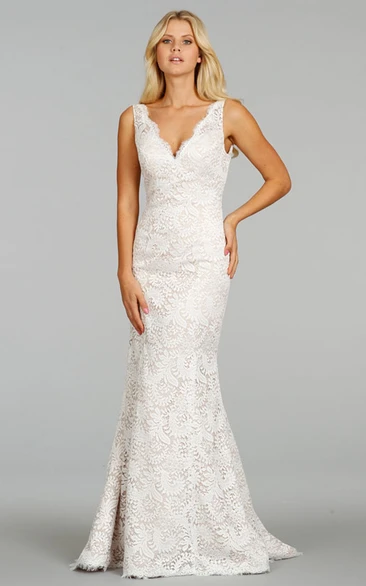 Classic Sleeveless V-Neck Floor Length Lace Dress