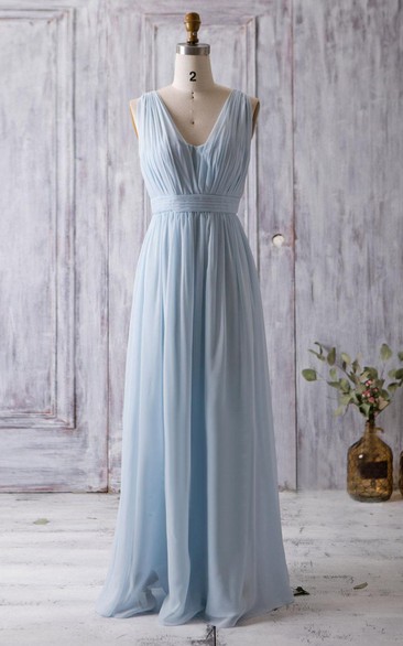 V Neck Backless Empire Waist Pleated A-line Chiffon Long Dress