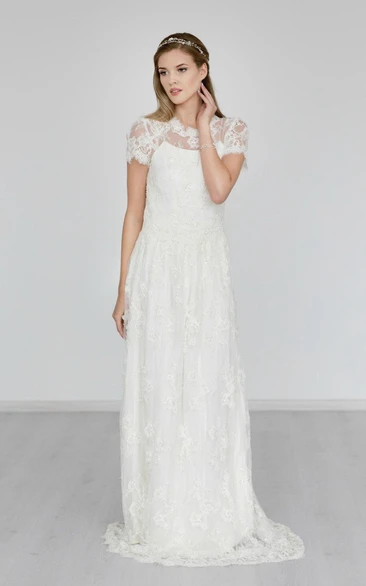 Short Sleeve A-Line Lace High Neck Dress With Illusion Back