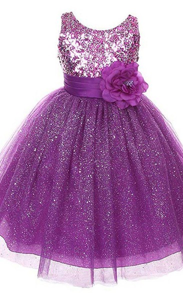 Sleeveless A-line Sequined Dress With Flower and Bow