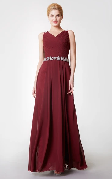 Dramatic V-neck Pleated Chiffon Gown With Beaded Straps and Belt