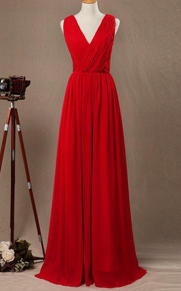 Floor-length Strapped V-neck Chiffon&Satin Dress With Criss cross