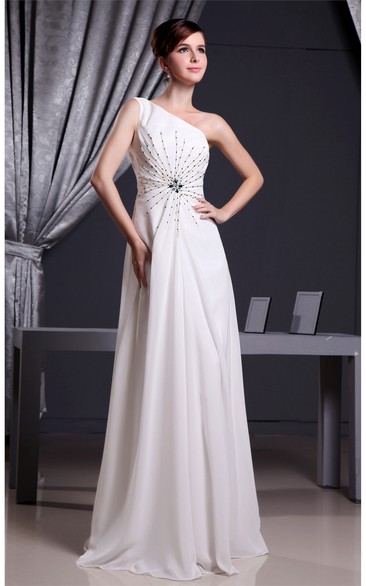 One Shoulder Floor Length A-Line Gown With Crystal Detailings