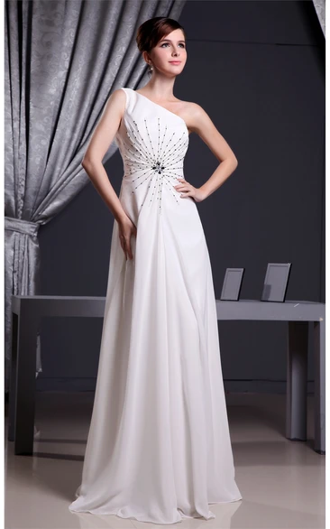 One Shoulder Floor Length A-Line Gown With Crystal Detailings