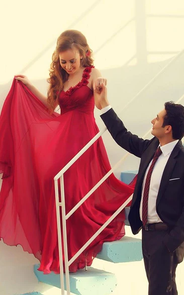 Modern Straps Flowers Chiffon Evening Dress A-line Sweep Train