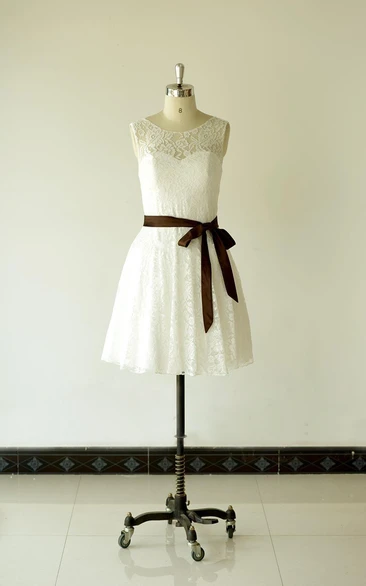 Jewel Neck Sleeveless A-Line Lace Short Dress With Chocolate Bow Sash