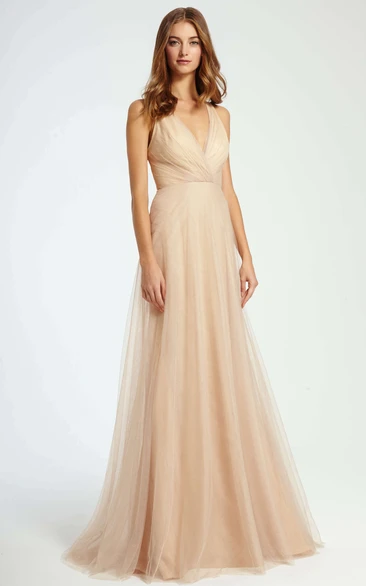 Criss-Cross V-Neck Sleeveless Tulle Bridesmaid Dress With Brush Train