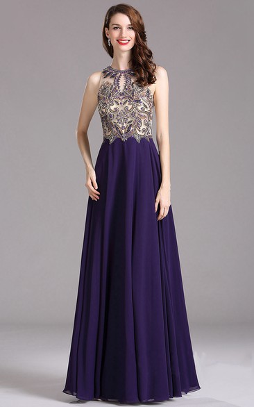 Empire High-Neck Sleeveless Empire Chiffon Beading Illusion Dress