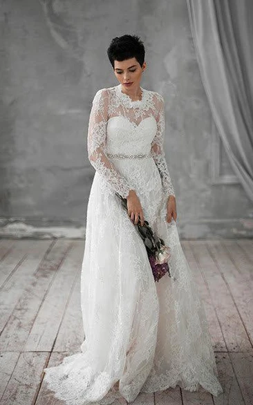 Natural Long Sleeve Lace Weddig Dress