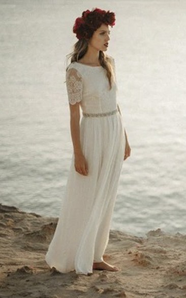 Sheath Bateau Bohemian Bridal Gown With Short Sleeve And Lace Open Back