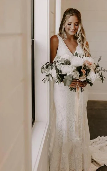 Ethereal Lace V-Neck Sleeveless Court Train Wedding Dress