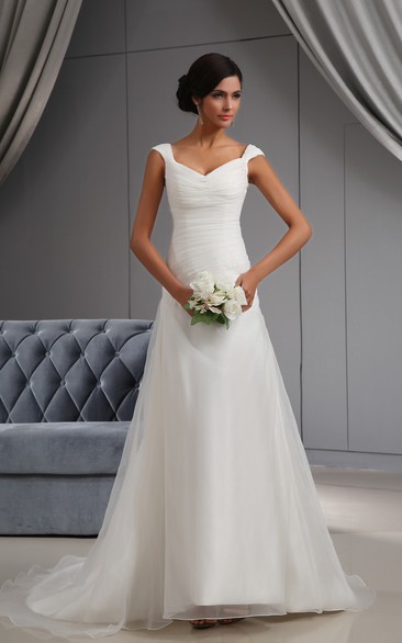 Deep V-Neck Ruching Organza Dress With Court Train