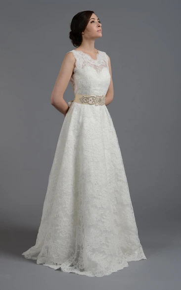 Sleeveless A-Line Lace Dress With Crystal Detailed Waistbelt and Deep-V Back