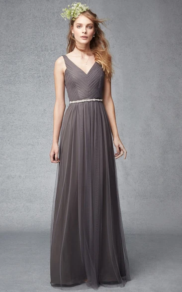 Sheath Ruched V-Neck Sleeveless Floor-Length Tulle Bridesmaid Dress With Waist Jewellery