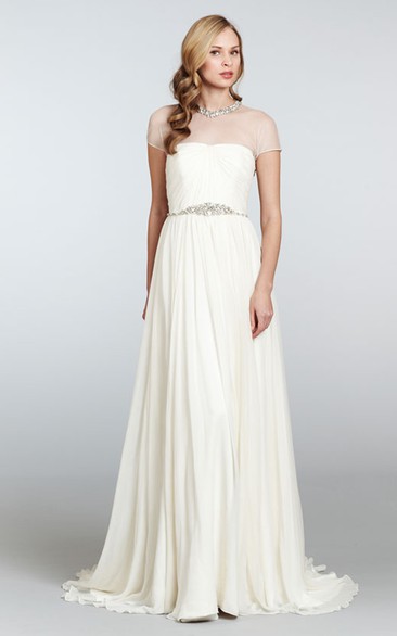 Graceful Draped Bodice Sheath Dress With Illusion Neckline and Beaded Belt