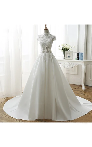 Illusion Ball Gown Wedding Dress With High Neck And Beadings Appliques