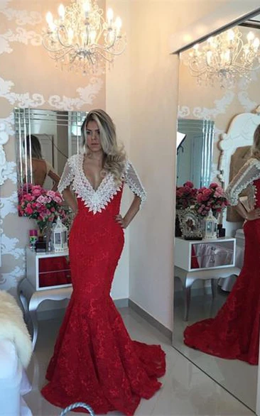 Modern V-neck Lace Mermaid Prom Dress Half Sleeve Zipper
