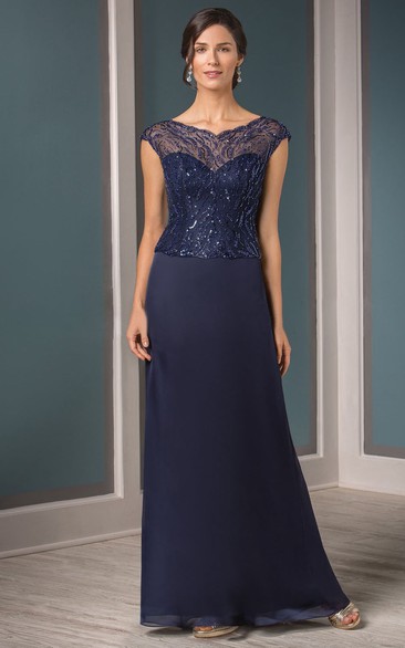 Cap-Sleeved V-Neck Mother Of The Bride Dress With Sequins And Illusion Style