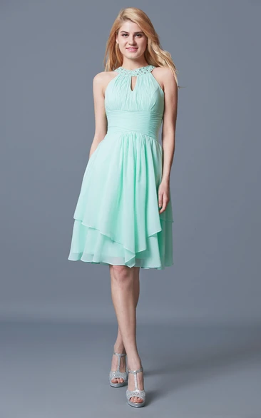 Elegant Sleeveless Tiered Knee Length Chiffon Dress With Keyhole Back