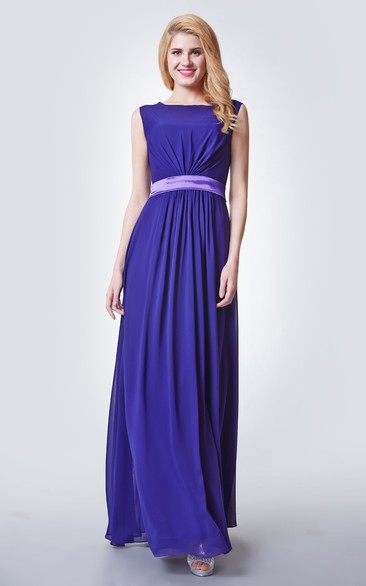 Stylish Cap-sleeved Long Chiffon Dress With Satin Sash