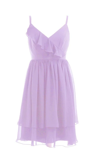 Chic Spaghetti Straps V-neck Short Dress With Tieres