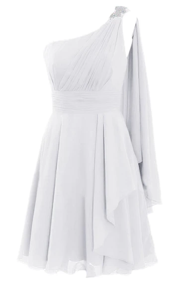 One-shoulder Beaded Short Layered Chiffon Dress