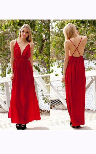 Floor-length Pleats V-neck Backless Chiffon Dress