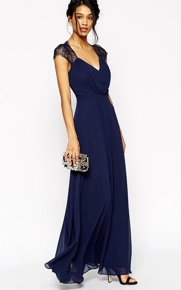 A-Line Cap-Sleeve Floor-Length V-Neck Lace Chiffon Bridesmaid Dress With Ruching