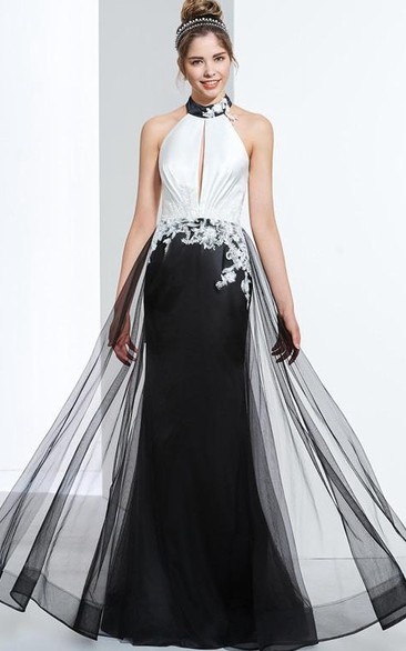 Sheath Halter Appliques Hollow Sequins Long Prom Dress