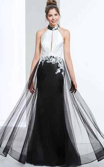 Sheath Halter Appliques Hollow Sequins Long Prom Dress