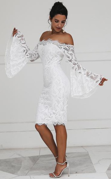 Modern Off-the-shoulder Pencil Knee-length Long Sleeve Wedding Dress