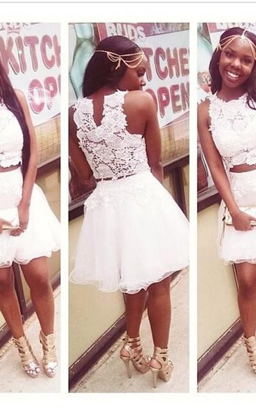 White Lace Appliques Mini Cocktail Dresses Scoop A-Line Homecoming Dresses