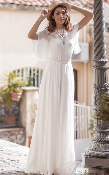 Ethereal A Line Chiffon Jewel Sweep Train Wedding Dress with Sash