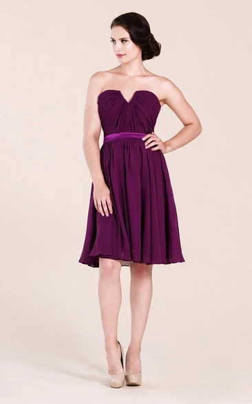 Strapless V-cut Short Pleated Chiffon Dress