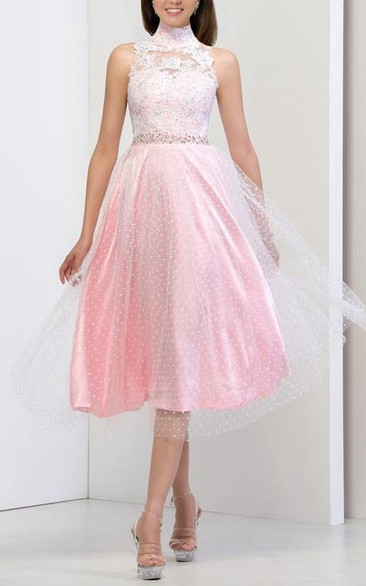 High Neck Open Back Sequins Appliques Prom Dress