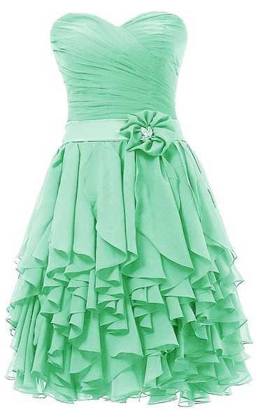 Sweetheart Ruffled Short Dress With Beaded Flower