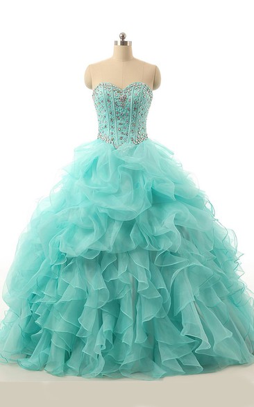 Ball Gown Maxi Sweetheart Beading Zipper Lace-Up Back Lace Organza Dress