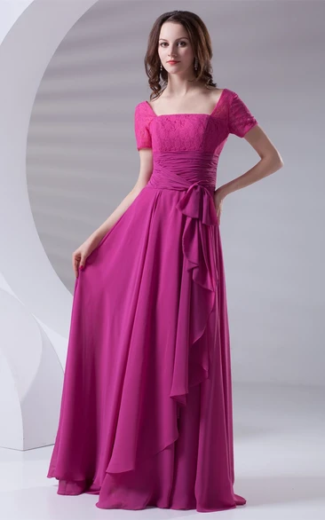 V-Neck Caped-Sleeve Floor-Length Lace Dress With Draping