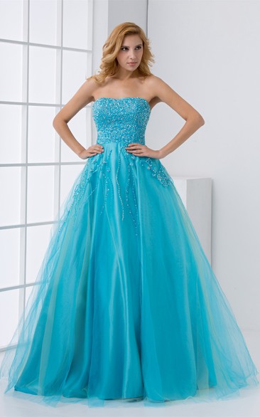 Strapless Tulle A-Line Dress With Jeweled Bodice