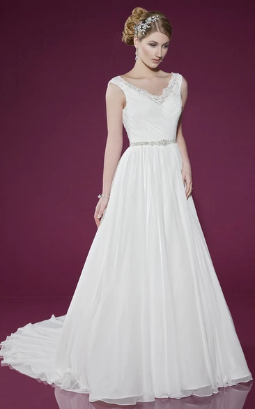 Long V-Neck Ruched Chiffon Wedding Dress With Court Train And Illusion