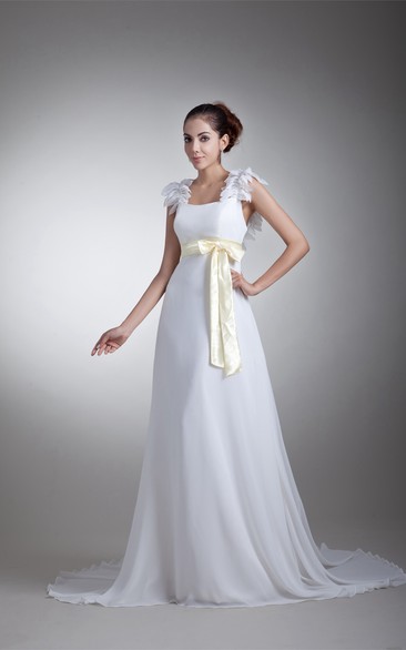 Chiffon Sheath Floor-Length Floral Straps and Dress With Ribbon