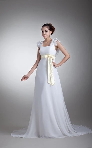 Chiffon Sheath Floor-Length Floral Straps and Dress With Ribbon