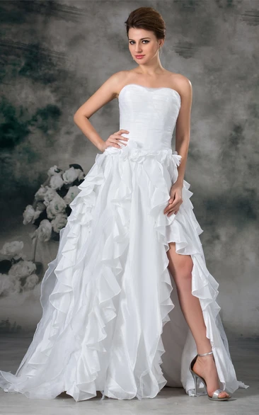 Strapless Front-Split A-Line Ruffled Dress With Ruched Bodice