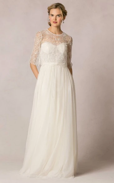 Sheath Lace Half-Sleeve Long Scoop-Neck Tulle Wedding Dress