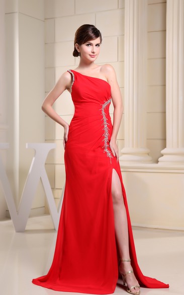 Asymmetrical Chiffon Beaded Dress With Side Draping