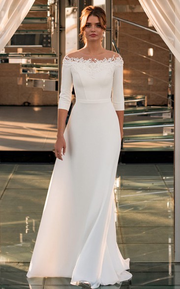 Simple Off-the-shoulder Sheath Sweep Train 3/4 Length Sleeve Wedding Dress With Appliques