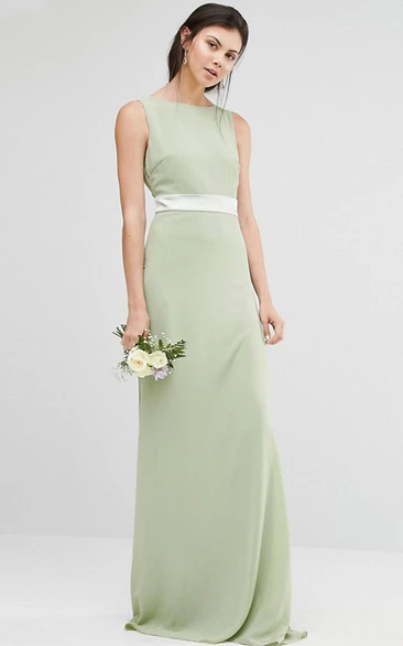 Sheath Jewel-Neck Floor-Length Sleeveless Chiffon Bridesmaid Dress With Ribbon And V Back